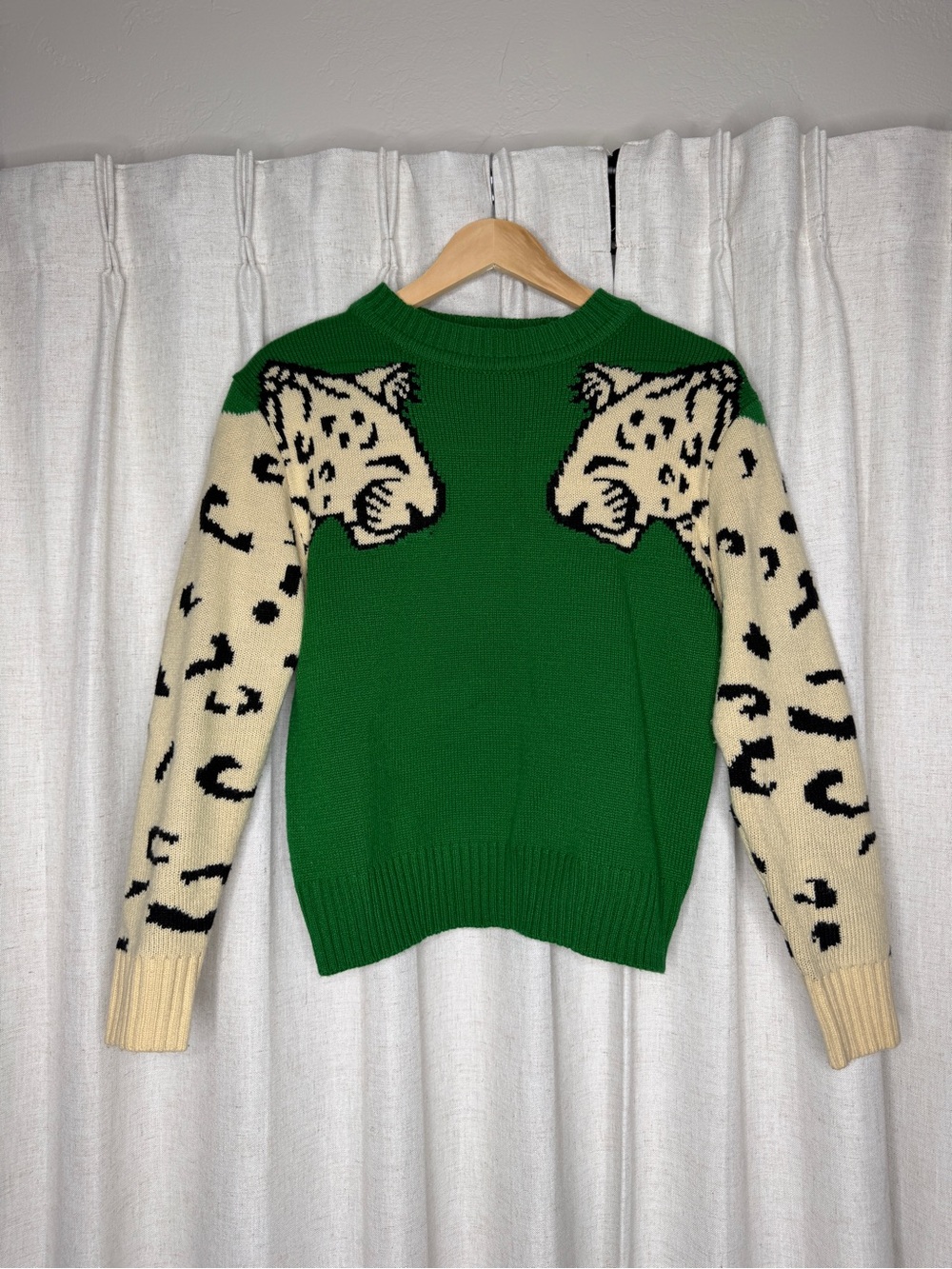 Green Crewneck Sweater with Cream Leopard-Print Sleeves